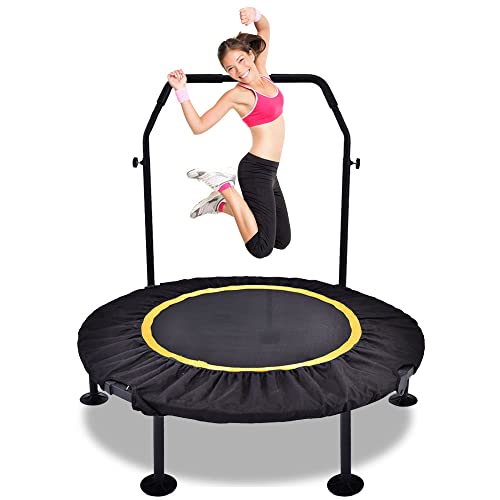 Trampolín Fitness para Adultos, Trampolin Cama Elastica Plegable con Asa Ajustable y Almohadilla de Salto Extensible, Apto para Interior / Exterior, Capacidad de Carga 100 kg, Amarillo