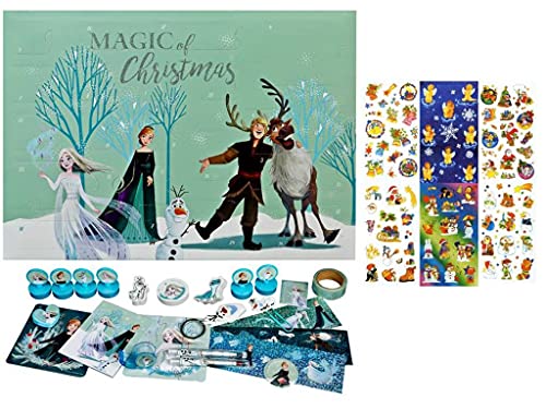 Trendhaus Undercover FRTW8024 - Calendario de Adviento para niña con 24 artículos de papelería sorpresas, diseño de Frozen de Disney, aprox. 45 x 32 x 3 cm + juego de 3 pegatinas gratis