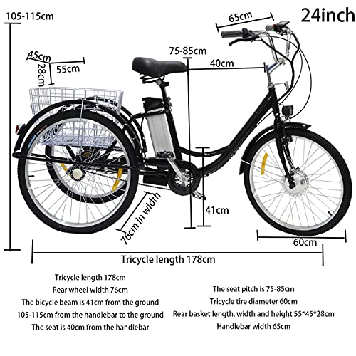 Triciclo para Adultos con Cesta Triciclo eléctrico batería de Litio híbrido de 3 Ruedas Motor 36V12AH 350W para Padres y Ancianos Iluminación LED Marco de Acero de Alto Carbono (Black,24inch)