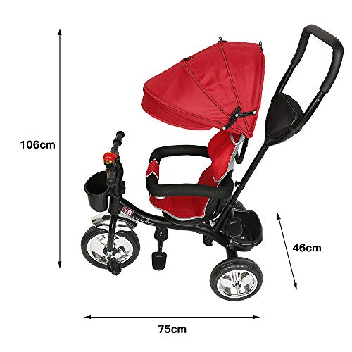 Triciclo para Bebé 4 en 1 Bicicleta para +18 Meses con Capota Manija de Empuje Ajustable Barra Extraíble Reposapiés Plegable Canasta de Almacenaje 75x46x106 cm (Rojo)