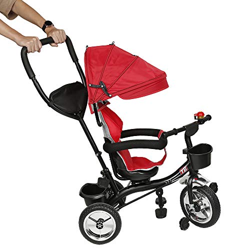 Triciclo para Bebé 4 en 1 Bicicleta para +18 Meses con Capota Manija de Empuje Ajustable Barra Extraíble Reposapiés Plegable Canasta de Almacenaje 75x46x106 cm (Rojo)