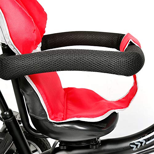 Triciclo para Bebé 4 en 1 Bicicleta para +18 Meses con Capota Manija de Empuje Ajustable Barra Extraíble Reposapiés Plegable Canasta de Almacenaje 75x46x106 cm (Rojo)