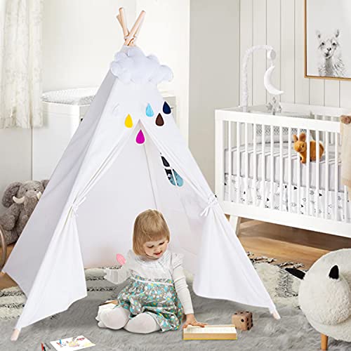 Triclicks Tienda Tipi Tienda India Tienda de Campaña Infantil Tipi Indio Tienda IndiaJuego Algodón Lienzo para Niños Niño y Una Niña(Blanco)