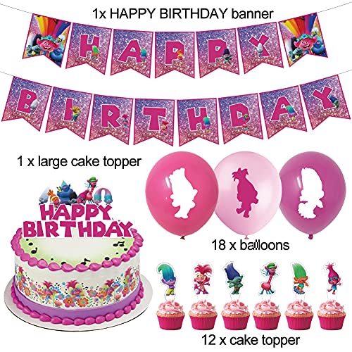 Troll Theme Decoración de fiesta,BESTZY Troll Cumpleaño Fiestas Decorar Globos Fiesta pancarta de feliz cumpleaños Cake Topper Globos de Látex Party Decoración Niños Regalo