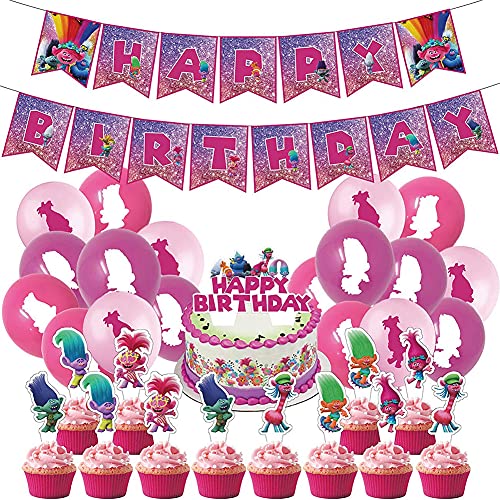 Troll Theme Decoración de fiesta,BESTZY Troll Cumpleaño Fiestas Decorar Globos Fiesta pancarta de feliz cumpleaños Cake Topper Globos de Látex Party Decoración Niños Regalo