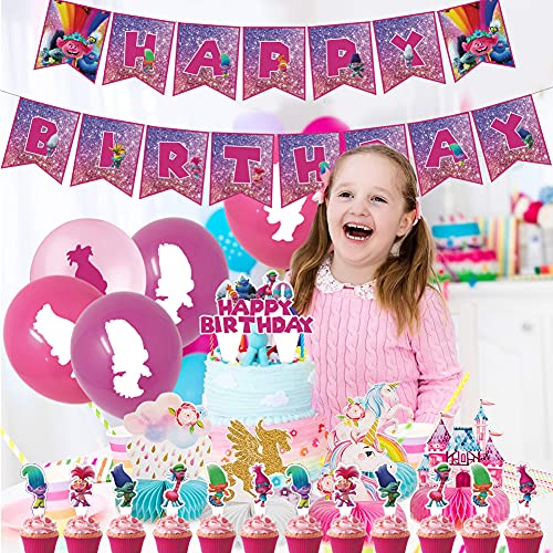 Troll Theme Decoración de fiesta,BESTZY Troll Cumpleaño Fiestas Decorar Globos Fiesta pancarta de feliz cumpleaños Cake Topper Globos de Látex Party Decoración Niños Regalo