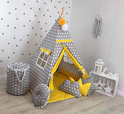 TS Tipi Teepee - Juego de 4 accesorios para tienda de campaña infantil, tienda india, cojín y techo, 14 colores (amarillo y gris)