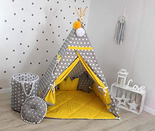 TS Tipi Teepee - Juego de 4 accesorios para tienda de campaña infantil, tienda india, cojín y techo, 14 colores (amarillo y gris)