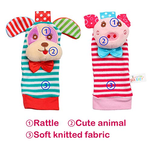 Twister.CK Paquete de 4 Sonajeros para muñeca y Calcetines para Buscar pies, Adorable Animal Infant Baby Rattles Mejor Regalo Juego de Juguetes de Desarrollo: Cachorros y cerditos