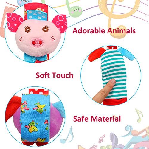 Twister.CK Paquete de 4 Sonajeros para muñeca y Calcetines para Buscar pies, Adorable Animal Infant Baby Rattles Mejor Regalo Juego de Juguetes de Desarrollo: Cachorros y cerditos