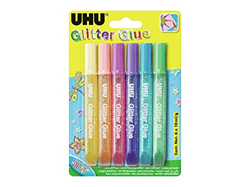 UHU Pegamento Decorativo con Purpurina, Multicolor, 6 x 10 ml (39110) colores pastel, Pack 6 x 10ml