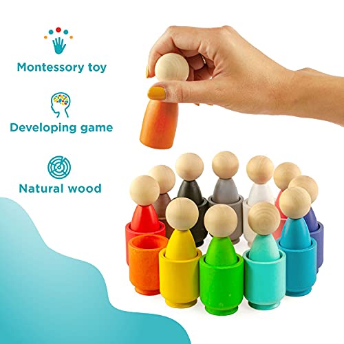 Ulanik Peg Dolls in Cups Montessori Juguete Clasificador de madera Juego 12 Gnomos 85 mm Edad 3+ Clasificación de colores y conteo Peg Muñecas Educación preescolar