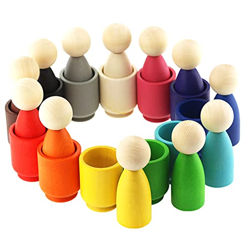 Ulanik Peg Dolls in Cups Montessori Juguete Clasificador de madera Juego 12 Gnomos 85 mm Edad 3+ Clasificación de colores y conteo Peg Muñecas Educación preescolar