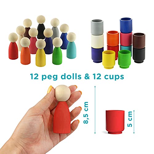 Ulanik Peg Dolls in Cups Montessori Juguete Clasificador de madera Juego 12 Gnomos 85 mm Edad 3+ Clasificación de colores y conteo Peg Muñecas Educación preescolar