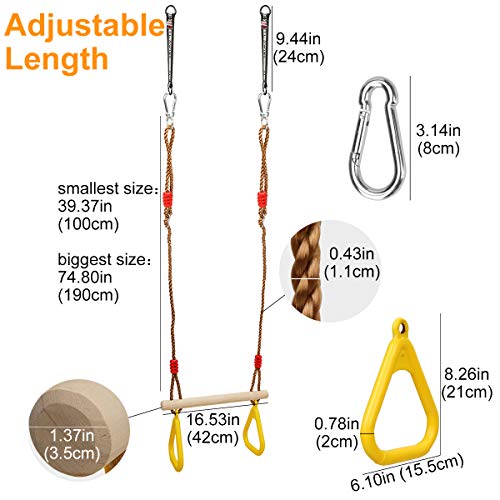 Ulikey Multifunción Columpios de Cadena de Alta Resistencia para Niños, Trapecio con Anillos, Columpio Trapecio de Madera de Árbol para Exterior e Interior Soporta hasta 120 kg (Amarillo)