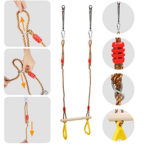 Ulikey Multifunción Columpios de Cadena de Alta Resistencia para Niños, Trapecio con Anillos, Columpio Trapecio de Madera de Árbol para Exterior e Interior Soporta hasta 120 kg (Amarillo)