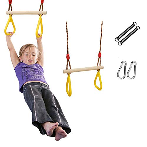 Ulikey Multifunción Columpios de Cadena de Alta Resistencia para Niños, Trapecio con Anillos, Columpio Trapecio de Madera de Árbol para Exterior e Interior Soporta hasta 120 kg (Amarillo)