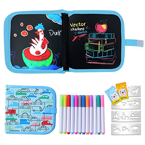 Ulikey Tabla de Dibujo Portátil para Niños, Tablero de Dibujo de Graffiti, Libros Blandos de Pizarra Reutilizable Borrable con 12 Plumas de Colores 14 Página (Car)