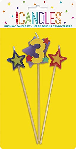 Unique Party- Conjunto de 3 velas de cumpleaños con forma de estrella, número 3 (34043)