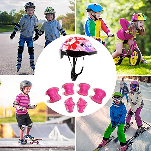 Uticon - Juego de 7 almohadillas protectoras para patines de bicicleta, coderas y palmas, kit de protección para niñas, niños, deportes al aire libre, color rosa