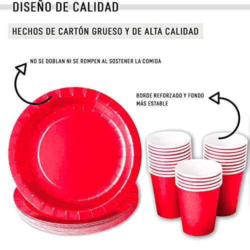 Vajilla biodegradable de Cumpleaños. Set de Platos y Vasos para Fiestas, Reuniones, Camping, Picnic. Juego de Platos y Vasos para Cumpleaños. Decoración Cumpleaños. Vajillas Ecológicas. (Rojo Sólido)