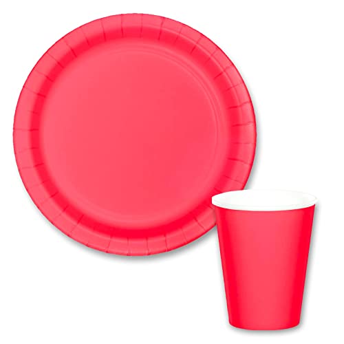 Vajilla biodegradable de Cumpleaños. Set de Platos y Vasos para Fiestas, Reuniones, Camping, Picnic. Juego de Platos y Vasos para Cumpleaños. Decoración Cumpleaños. Vajillas Ecológicas. (Rojo Sólido)