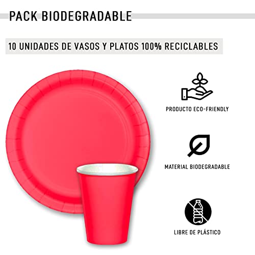 Vajilla biodegradable de Cumpleaños. Set de Platos y Vasos para Fiestas, Reuniones, Camping, Picnic. Juego de Platos y Vasos para Cumpleaños. Decoración Cumpleaños. Vajillas Ecológicas. (Rojo Sólido)