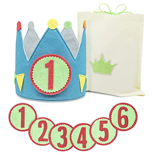 VAMAJOO Corona Cumpleaños y Fiestas Infantiles + Números 1 al 6 + Bolsa de Algodón. Confeccionada en España con Material Suave y consistente. (Corona Verde)