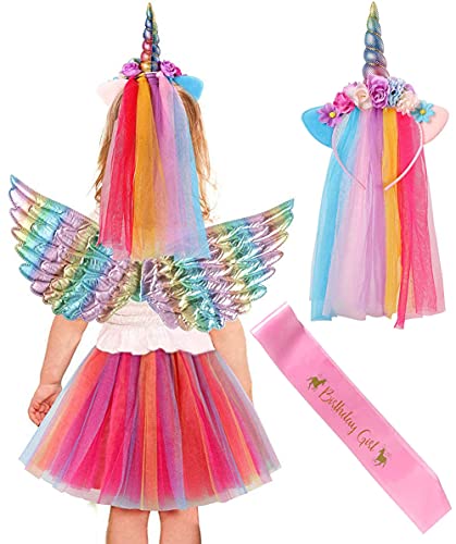 vamei 4 Piezas Disfraz Unicornio Niña con Falda Tutu Diadema Unicornio Alas Arcoiris Faja de Cumpleaños Disfraces Unicornio Halloween Carnaval Fiesta Unicornio Vestido para Niñas