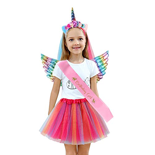 vamei 4 Piezas Disfraz Unicornio Niña con Falda Tutu Diadema Unicornio Alas Arcoiris Faja de Cumpleaños Disfraces Unicornio Halloween Carnaval Fiesta Unicornio Vestido para Niñas