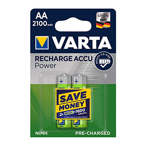 Varta Recharge Accu Power, recargable - Pilas de NiMH AA Mignon (paquete de 2 unidades, 2100 mAh) - Recargables sin efecto de memoria - Listo para usar