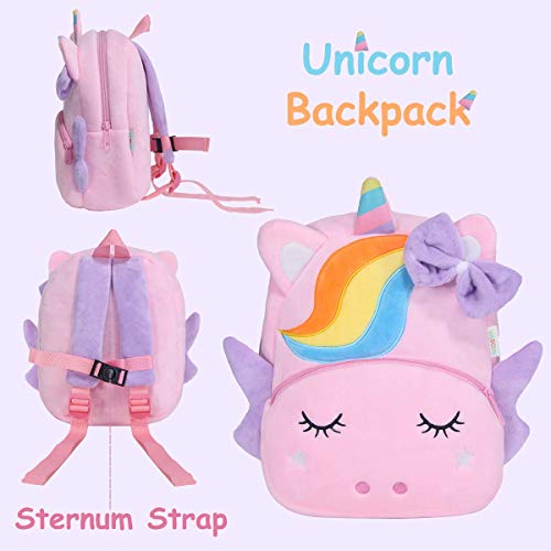 VASCHY Mochila Infantil,Mochila Guarderia Mochila para Niños y Niñas Anti-perdida Escolar Pequeña Felpa Linda de Bolsa para Preescolar Guardería con Hebilla de Pecho (Unicornio-86)