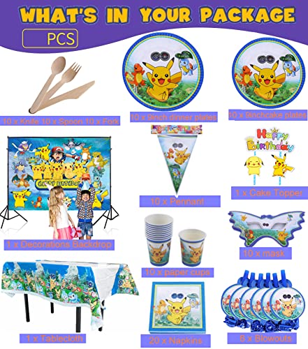 veeyiki Fiestas de Cumpleaños,109 PCS Conjunto de Suministros para Fiestas de Tema P0KEM0N,Mantel,Plato,Servilleta,Banderín,Soplador,Cuchillo, Cuchara,de Tenedor,Vaso de Papel,Máscara