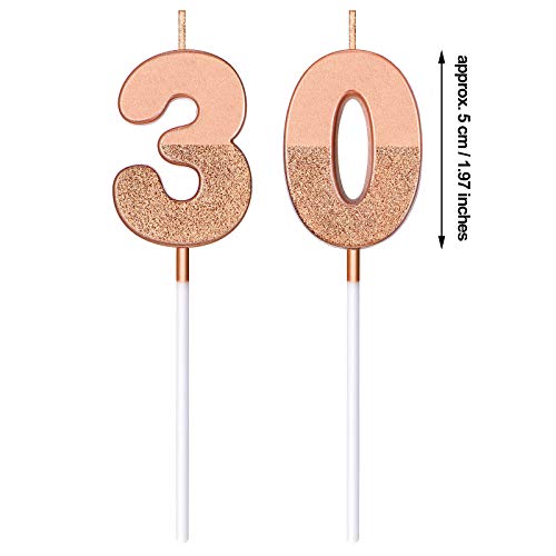 Velas de Cumpleaños de Número 30 Velas de Números de Pastel Brillante Decoración Topper de Pastel de Cumpleaños Número 30 para Celebración Aniversario Bodas Cumpleaños, Oro Rosa