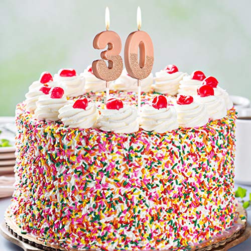 Velas de Cumpleaños de Número 30 Velas de Números de Pastel Brillante Decoración Topper de Pastel de Cumpleaños Número 30 para Celebración Aniversario Bodas Cumpleaños, Oro Rosa