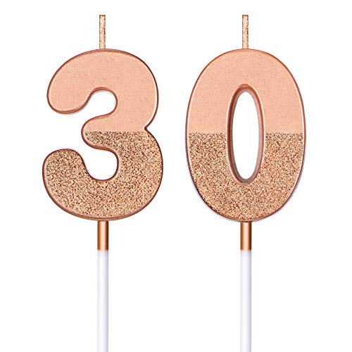 Velas de Cumpleaños de Número 30 Velas de Números de Pastel Brillante Decoración Topper de Pastel de Cumpleaños Número 30 para Celebración Aniversario Bodas Cumpleaños, Oro Rosa