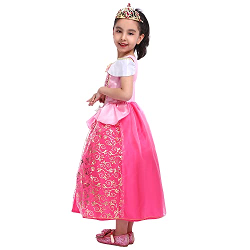 Vestido de princesa aurora bella durmiente para niñas con tiara, disfraz de princesa rosa 5-6 años