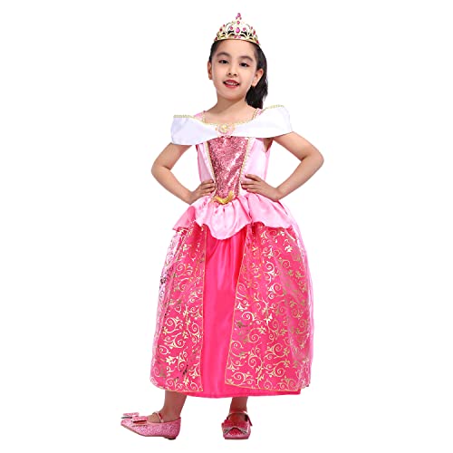 Vestido de princesa aurora bella durmiente para niñas con tiara, disfraz de princesa rosa 5-6 años