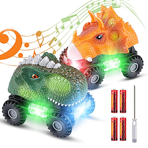 Vimzone Coche de Dinosaurio, 2 Pcs Juguetes de Dinosaurios con Luces LED y Sonido ,Autos DinoTiranosaurio para niños, Regalos de Cumpleaños DinosaurioJuguetes para Niñas Niños de 3-8 Años