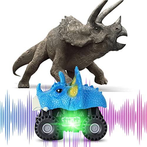 Vimzone Vehículos de Dinosaurios, 2Pack Juguetes de Dinosaurios para Automóviles con luz LED y Sonido Realista y Rueda de llanta Grande, Triceratops Tiranosaurio Autos Dino para Niños