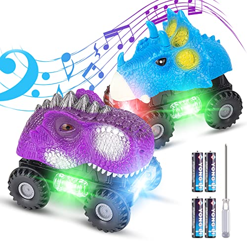 Vimzone Vehículos de Dinosaurios, 2Pack Juguetes de Dinosaurios para Automóviles con luz LED y Sonido Realista y Rueda de llanta Grande, Triceratops Tiranosaurio Autos Dino para Niños