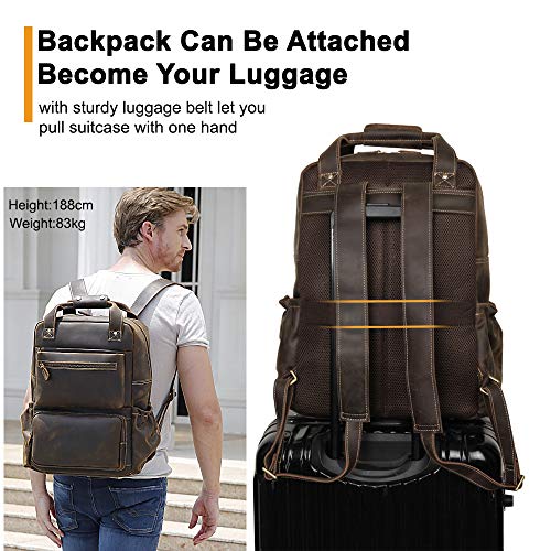 Vints Mochila de cuero de grano completo para portátil 15.6 para hombres Viajes Daypack Business Mochilas grandes con correa de equipaje marrón desmontable llavero multi bolsillos