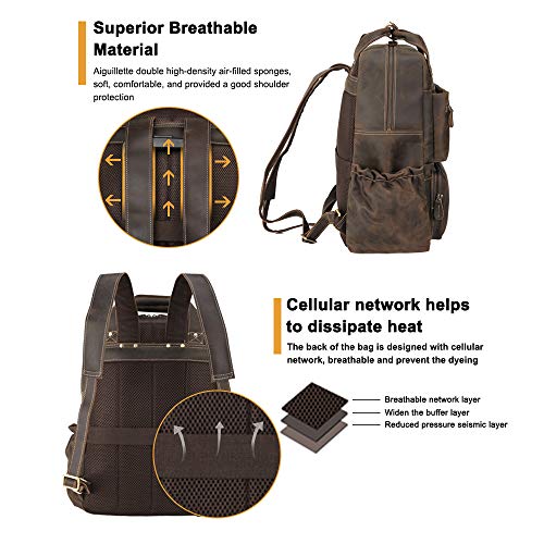 Vints Mochila de cuero de grano completo para portátil 15.6 para hombres Viajes Daypack Business Mochilas grandes con correa de equipaje marrón desmontable llavero multi bolsillos