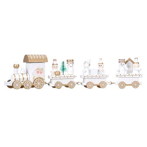 VORCOOL Tren de Madera Adornos de Navidad Decoración de Navidad Props Lindo Tren de dibujos animados Mini Tren de Madera de cuatro secciones (Blanco)