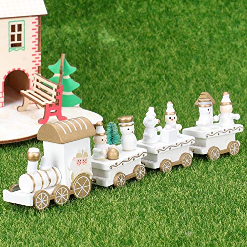 VORCOOL Tren de Madera Adornos de Navidad Decoración de Navidad Props Lindo Tren de dibujos animados Mini Tren de Madera de cuatro secciones (Blanco)