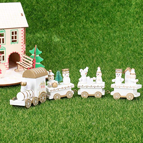 VORCOOL Tren de Madera Adornos de Navidad Decoración de Navidad Props Lindo Tren de dibujos animados Mini Tren de Madera de cuatro secciones (Blanco)