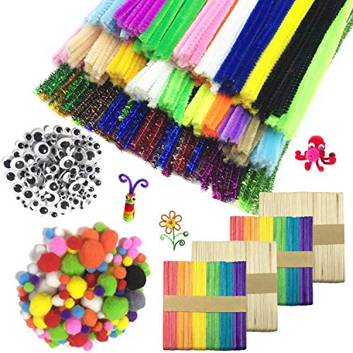 Wartoon Pipe Cleaners Crafts Set, Limpiadores de Pipa Chenilla Stem y Pompoms con Googly Wiggle Eyes y Craft Sticks para Craft DIY Art Supplies, 900 Piezas