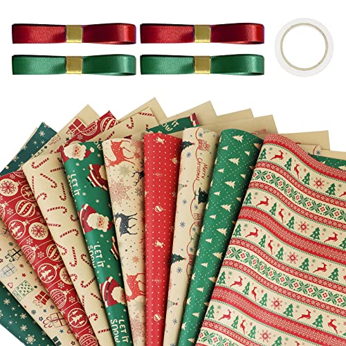 WD&CD Navidad Papel de Regalo, 10 Hojas(50*70cm)+ 4 Rollo de Cinta, 10 Estilos Diferentes, Ideal Para Cumpleaños Papel Regalo, Día De Fiesta, Baby Shower, Christmas para Niños Hombre Mujer de Regalos