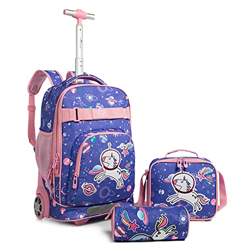 Wenlia Mochila con rueda, estuche para lápice, Bolsa de almuerzo 3 en 1 Conjunto de mochila escolar, Trolley Mochila de Unicornio, bolso escolar de dinosaurio para niños y niñas, Regalo la escuela