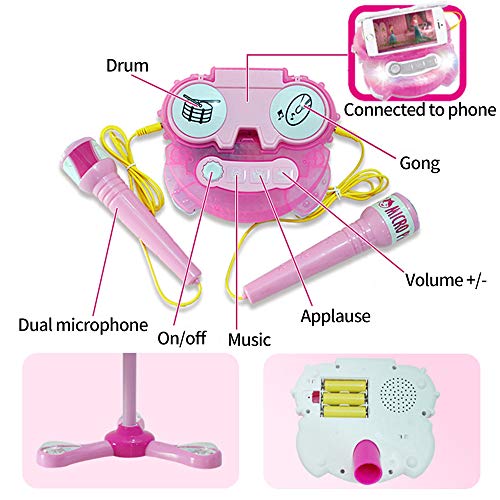 WETCEAOM Karaoke Infantil con pie, con 2pcs Micrófono ,Luces LED para niños (rosa)